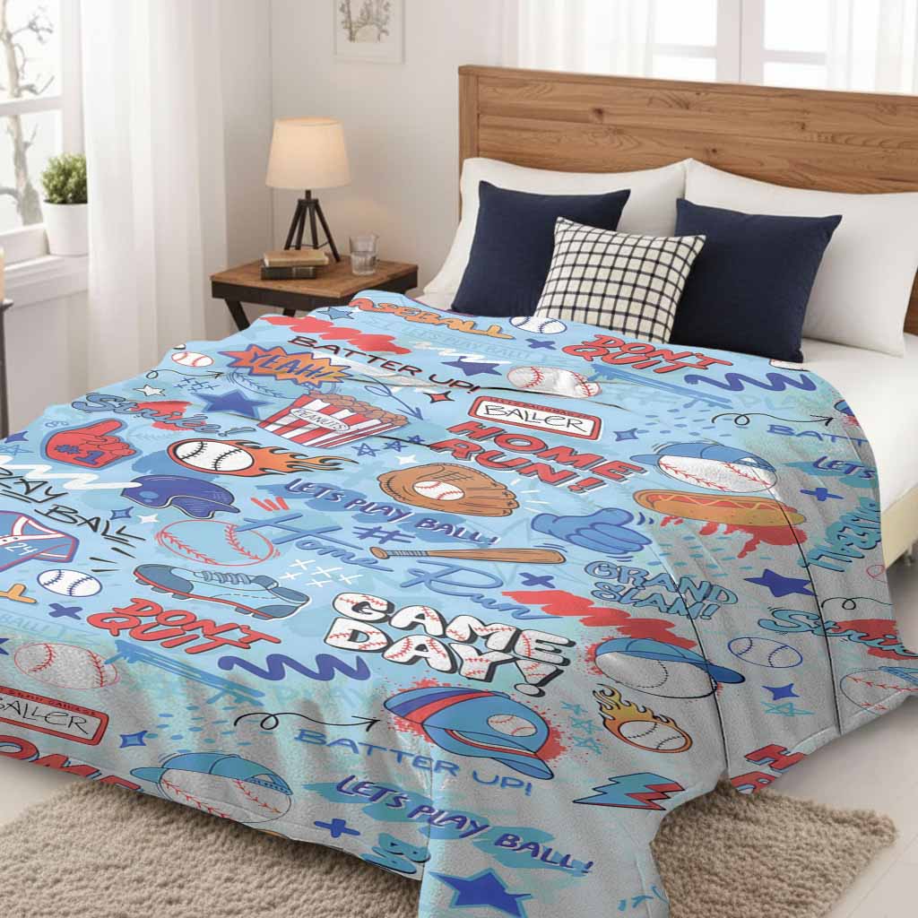 Baseball game pattern flannel blanket, sports-themed print featuring bats, baseballs, jerseys, and hot dogs, soft, comfortable, lightweight, and durable, making it a perfect gift for children.