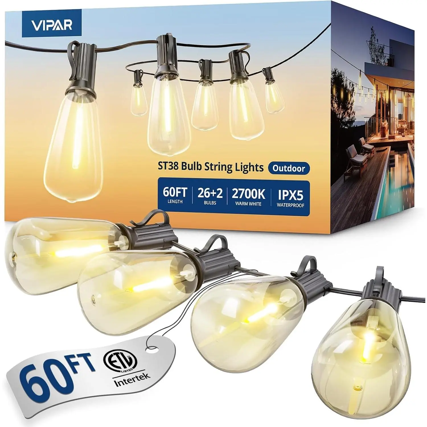 Outdoor String Lights 60FT LED Patio Lights LED Waterproof with 26+2 Shatterproof ST38 Edison Bulbs, 2700K Connectable Outside Hanging Light for Porch, Garden, Backyard, Deck, Balcony, Decor