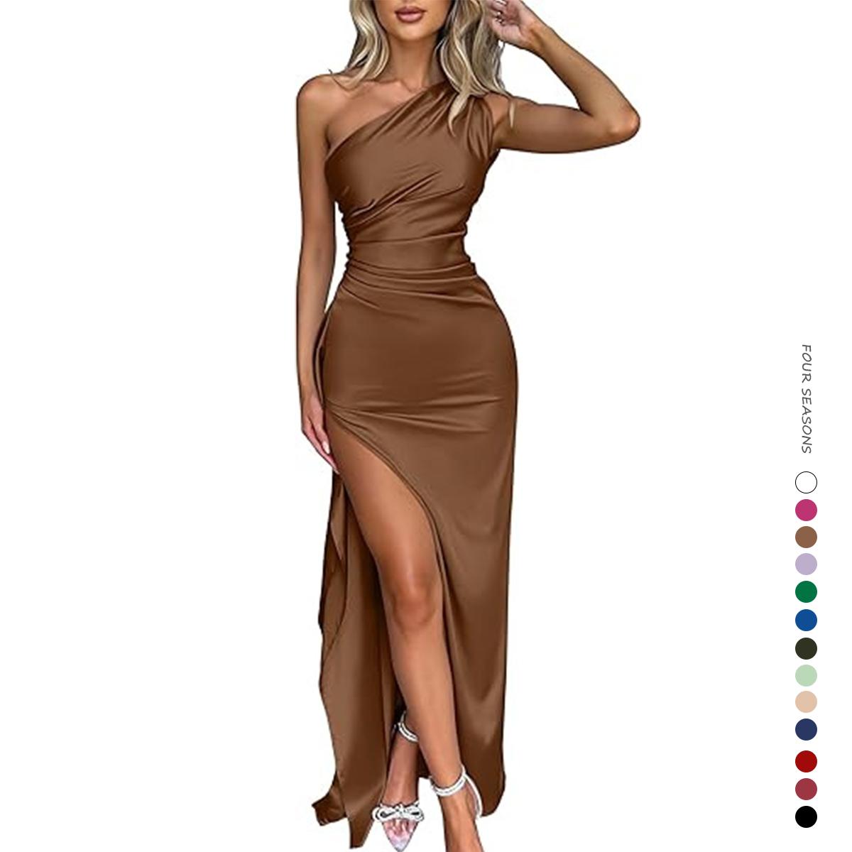 Women's  One Shoulder Satin High Split Cocktail Fit Wedding Party Maxi Formal Dress