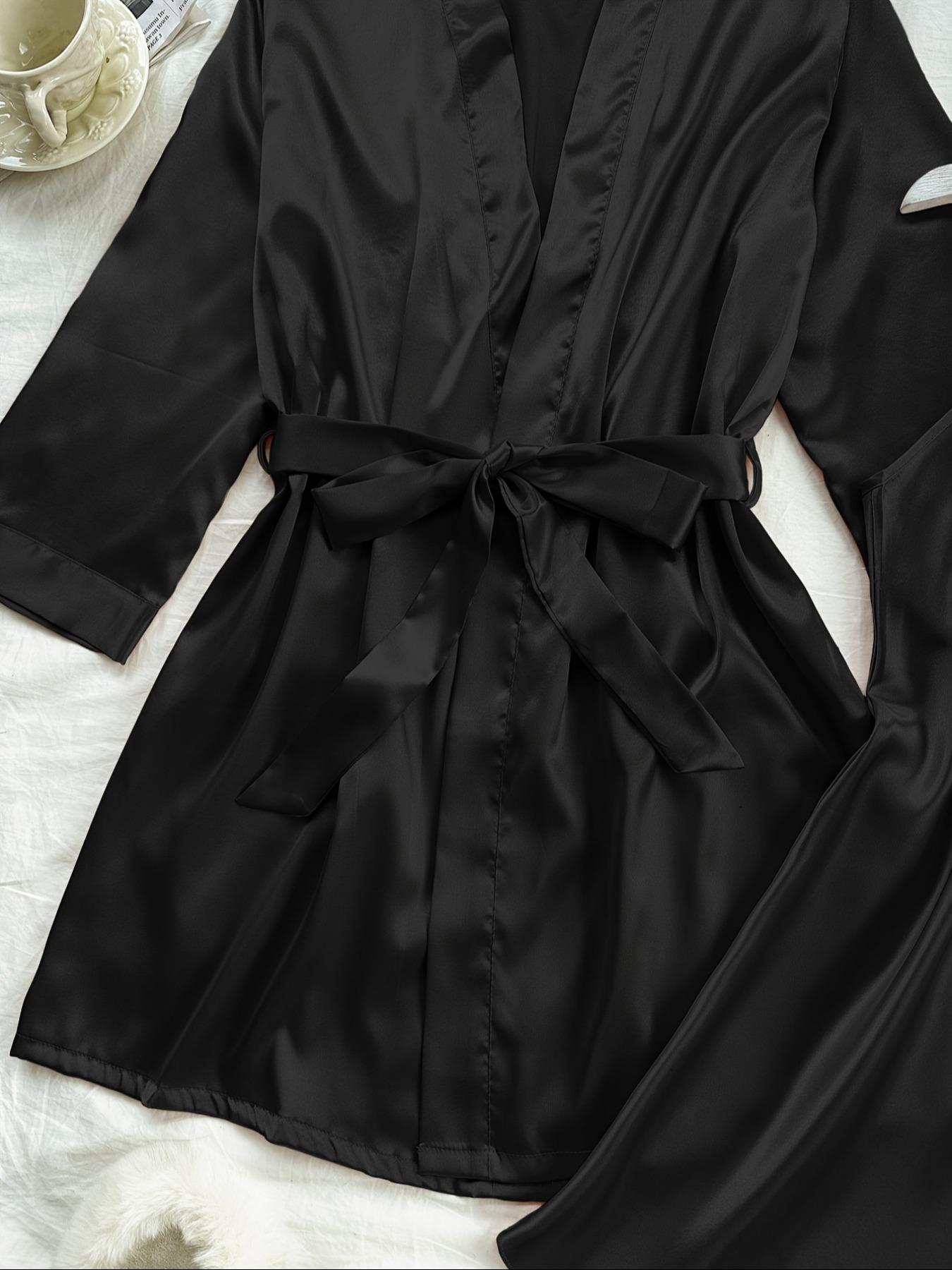 Women's Solid Belted Satin Pyjama Two-piece Set, Spaghetti Strap Long Sleeve Cami Night Dress & Robe Pj Set, Women's Sleepwear for All Seasons