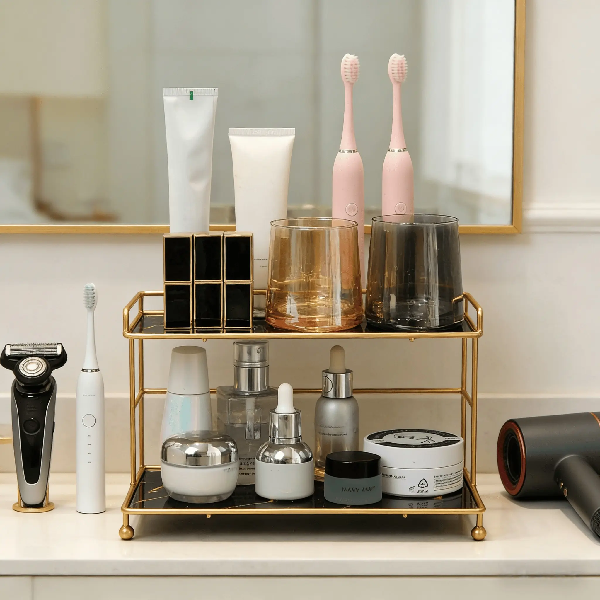 Makeup Organizer for Vanity Countertop Iron Multi Layer Storage Shelf Multilayer Storage Bathroom Counter Space Saving Cosmetics Storage Cosmetic Organizers Makeup Tool Organizer Durable Storage Organizer Beauty Organizer Makeup Tray