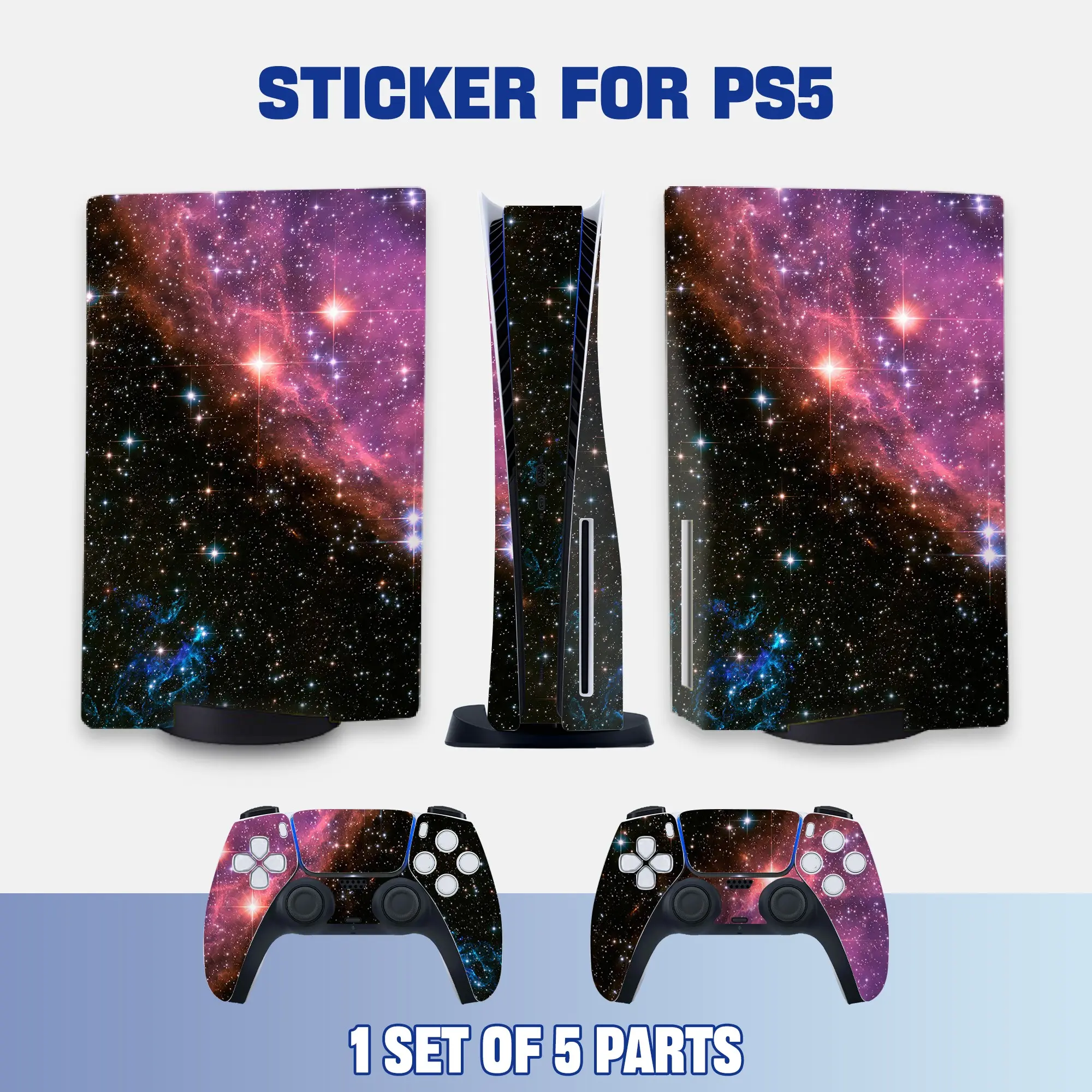 Cosmic Galaxy Nebula Style PS5 Disc Edition Vinyl Skin Sticker for Console & Controllers, Waterproof, Scratch-Resistant, Dustproof, Removable & No Residue