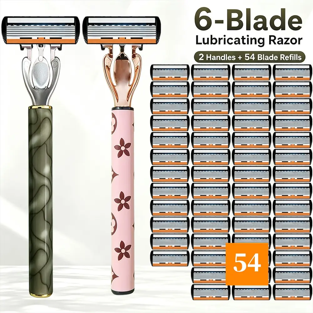 [2 Handles, 54 Replacement Blades] 6-Layer Lubricating Manual Razor Set｜Dark Green Cloud Pattern & Pink Brown Floral Dual Handles｜Perfect for Bathroom and Travel｜Smooth on the Skin, No Irritation｜Designed for Women, a Perfect Gift!