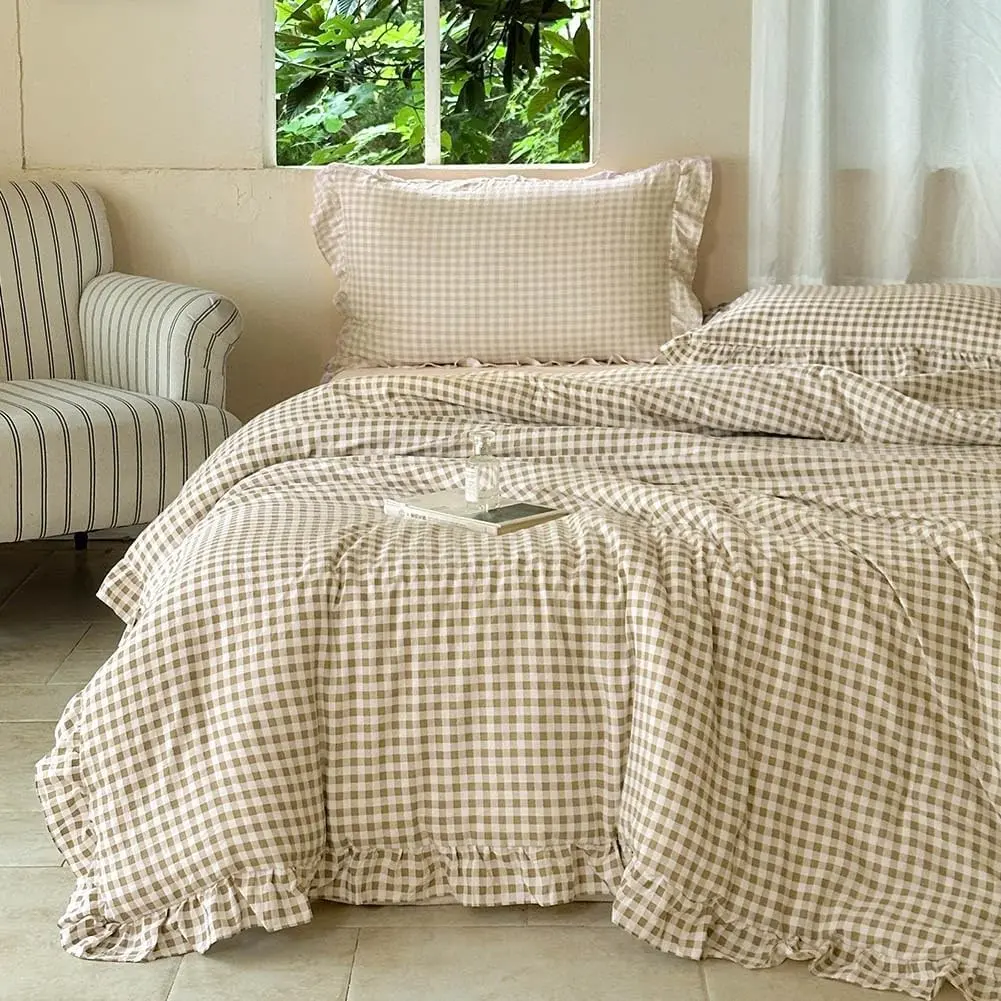 Tan Ruffle Gingham Comforter Set King, Pre-Washed Ruffled Taupe Plaid Checked Comforter Bedding, 3 Pieces Vintage Farmhouse Grid Bedding Set(Tan Gingham, King)