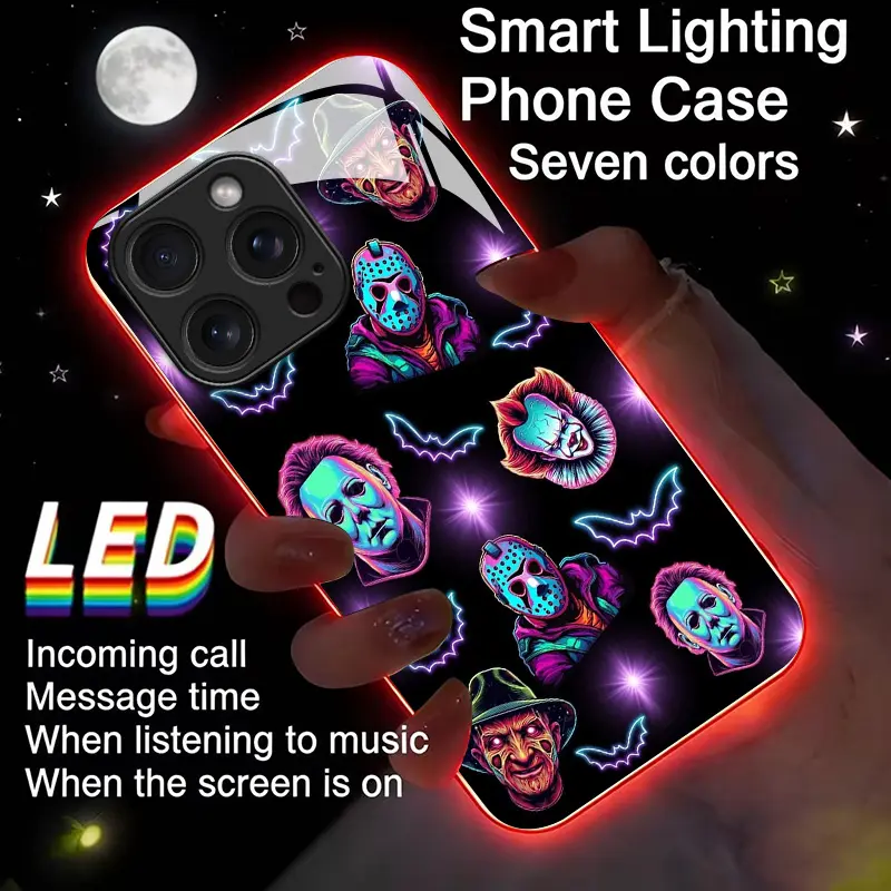 2D Flat Horror Neon Pattern LED Light-Emitting Phone Case With USB-C Charging inter Face 7-Color Lighting Shockproof TPU Protective Cover Suitable For iPhone 17 Pro Max/Air/17E/16E/16 Pro Max/15/14/13/12/Mini/11/XS Max/XR/XS/SE/7 Shockproof Casing