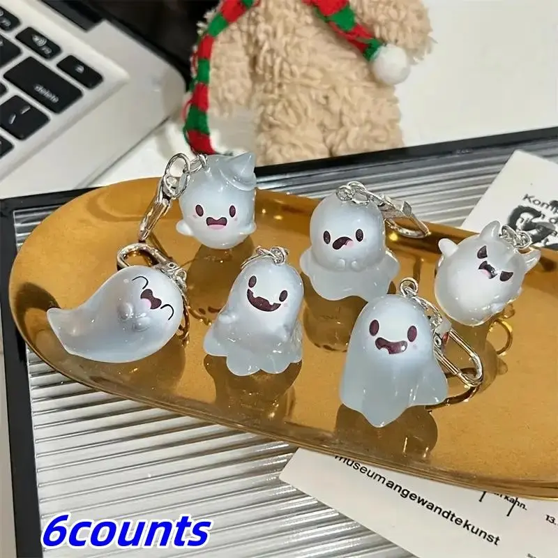 6-Piece Glow-In-The-Dark Ghost Keychain Set, Halloween Figurines, Backpack & Key Charms, Halloween Decor, Party Gifts, Festive Presents, Cool Keychains