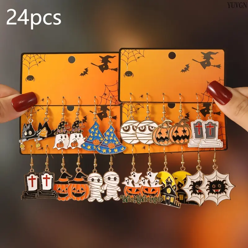 Women's 24Pcs Halloween Dangle Drop Earrings Set - Enamel Charm Jewelry with Halloween Motifs, Various Shapes (Pumpkin, Ghost, Mummy, Spider Web, Tombstone, Witch Hat) for Spooky Theme Party Costumes