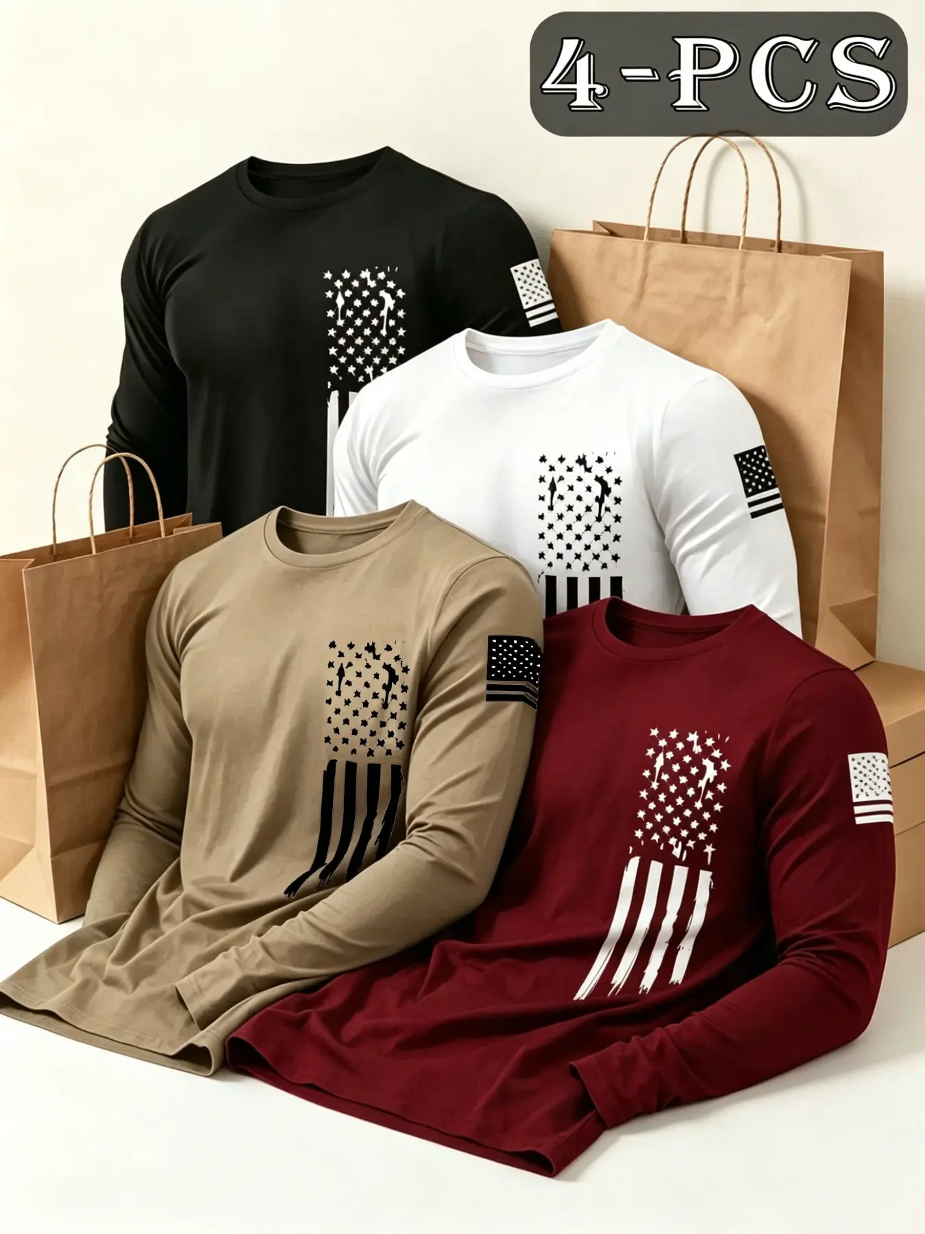 4-Pack New Long Sleeve Round Neck T-Shirts, Tops, Breathable Quick-Dry Fabric, Flag Print, Casual Loose Fit, Ideal for Outdoor Activities, Wrinkle-Resistant Material