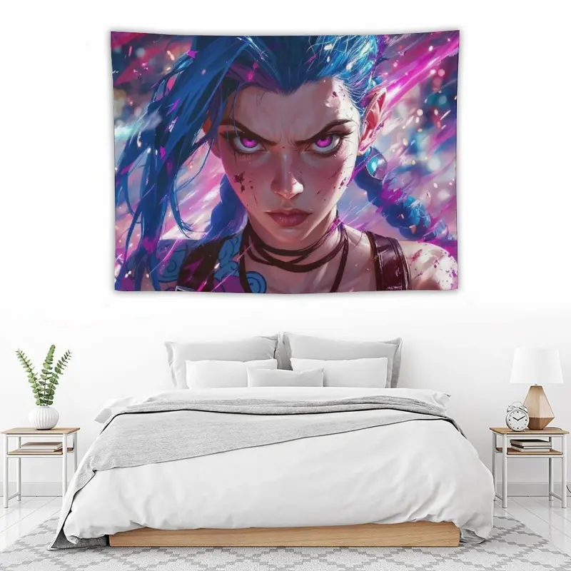 Jinx League of Legends Tapestry Game Character Punk Girl Wall Hanging Colorful Vaporwave Gaming Room Background Decor Cool Otaku Gift Merchandise