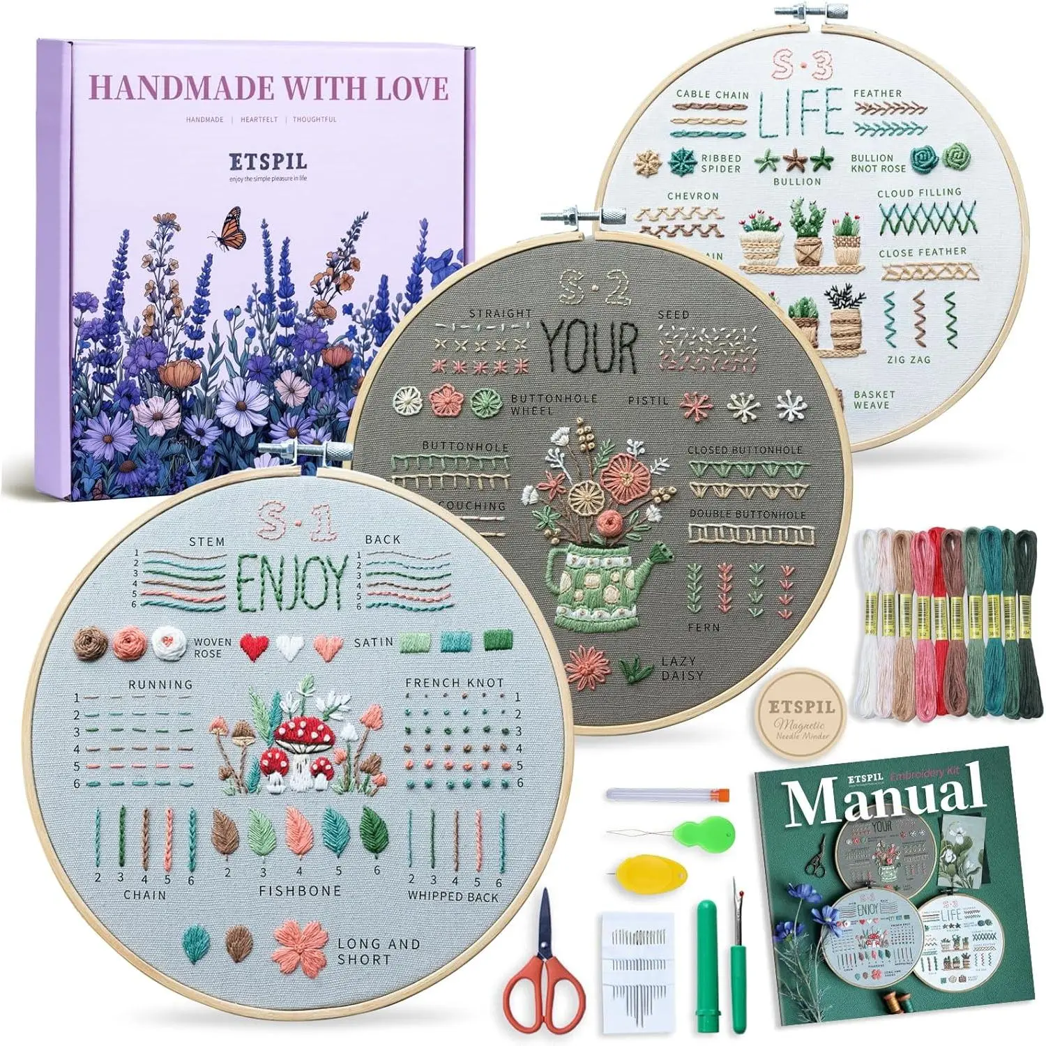 Embroidery Kit for Beginners with Magnetic Needle Minder, 4K Video Tutorials, Pre-Printed Floral Patterns & Bound Guide, Relaxing Screen-Free Home Craft for Women