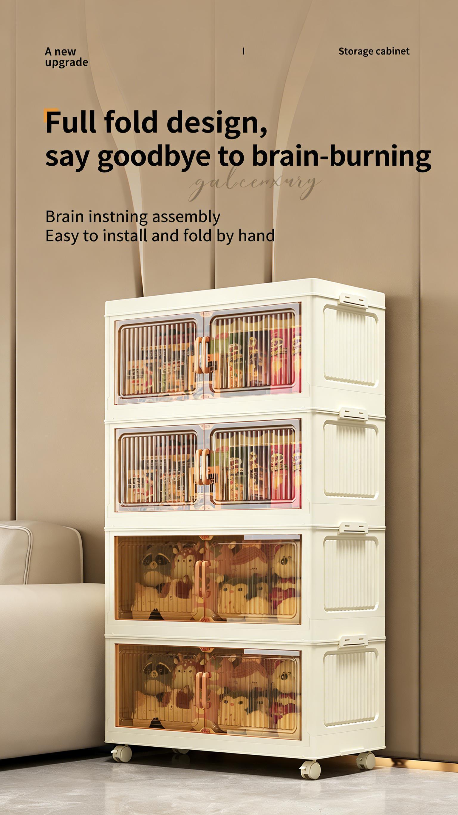 4 Tier Folding Storage Containers with Wheels, Stackable Collapsible Plastic Bins, Durable Organizer for Kitchen Pantry and Closet