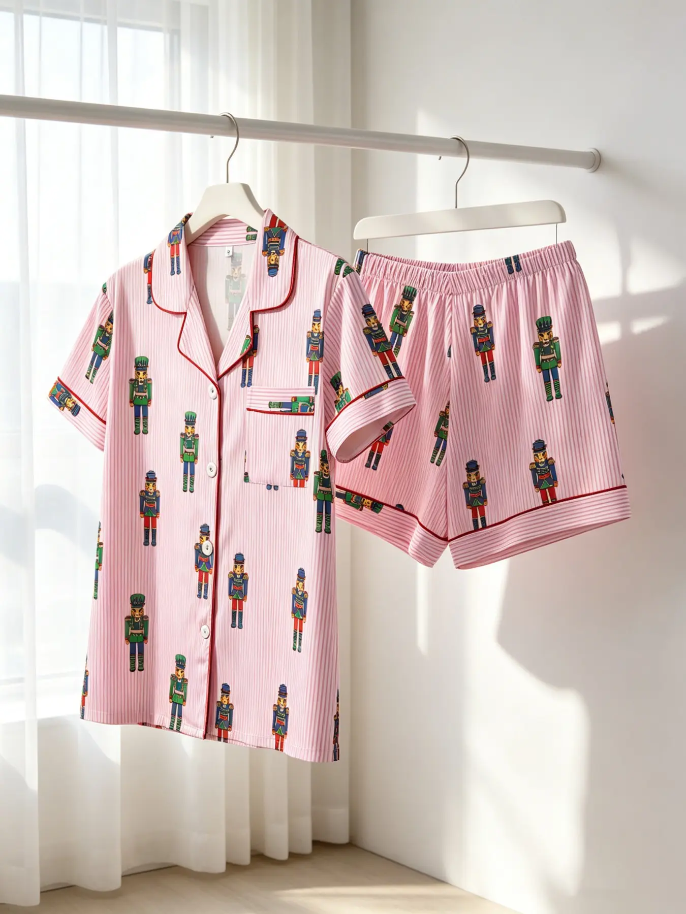 Women's Button-Down Short Sleeve Top & Shorts Pajama Set, Pyjamas, Nightwear, Pjs, Pink Striped Nutcracker Soldier Print, Red Piping, Front Pocket, Spring Summer Wear, Loose Fit, Whimsical Fairytale Aesthetic Day-to-Night Loungewear