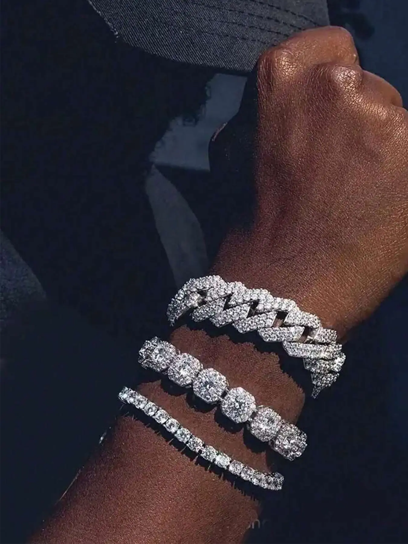 3pcs Shiny Cuban Chain Bracelets, Cuban Link Bracelets, Trendy Square Water Drill Bracelets, Rhombus Cuban Bracelets, Hip Hop Style, Perfect Gift for Holidays