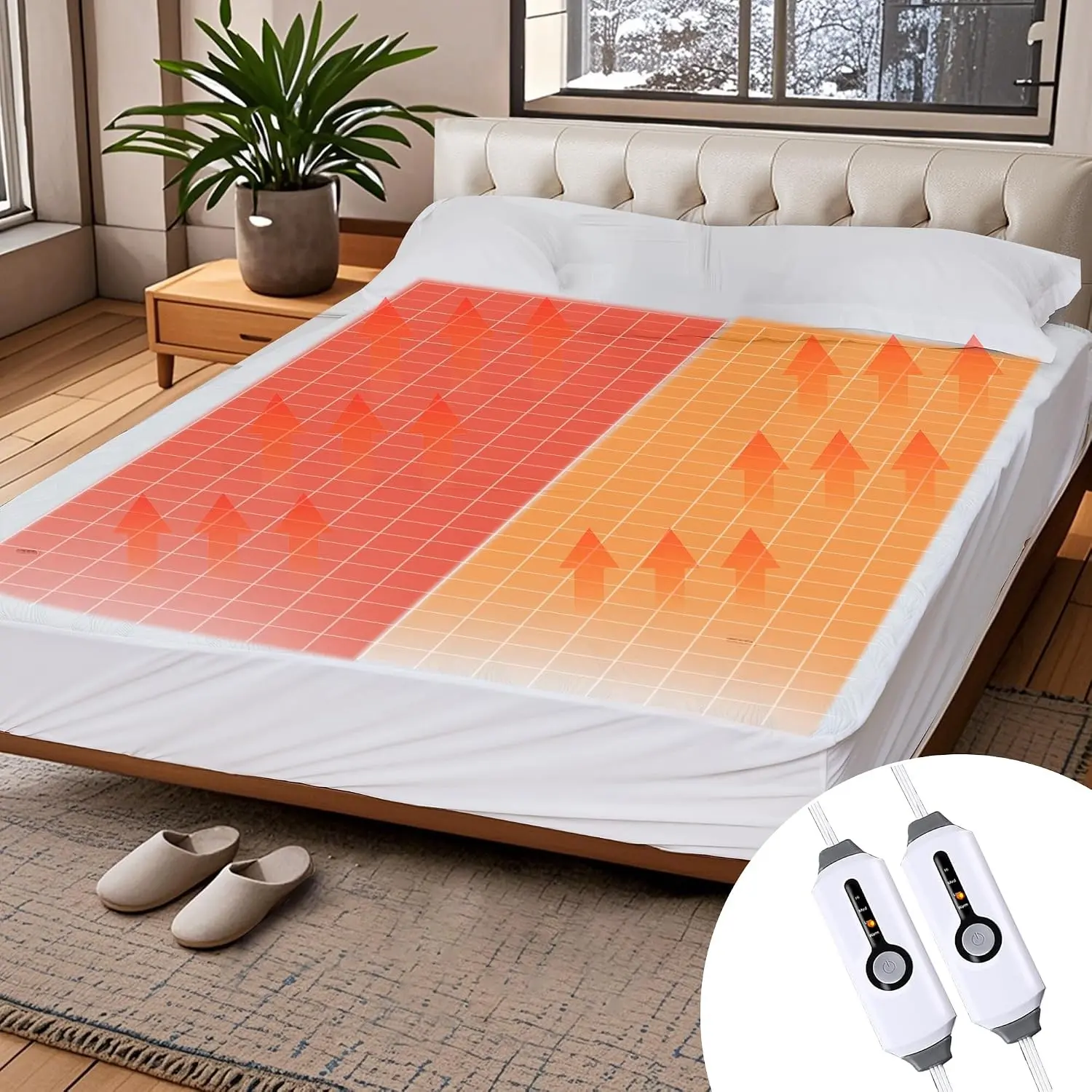 Heated Mattress Pad Queen Size Dual Control 60x80inch Fit Up to 21 Inch Deep Pocket 4 Heating Level 10 Hour Auto-Off Warmming Bed White