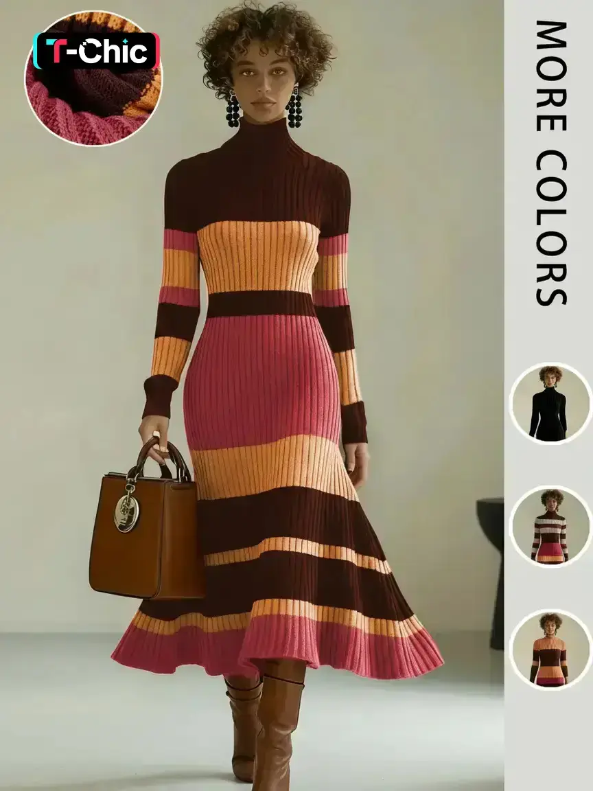 Elegant Women's Colorblock Soft Knit Dress, High Neck Long Sleeve Mermaid Flared Dress, Worn Alone or Layered, Fashion Fall & Winter Clothes, Casual Wear, Casual Chic Dress, Womenswear