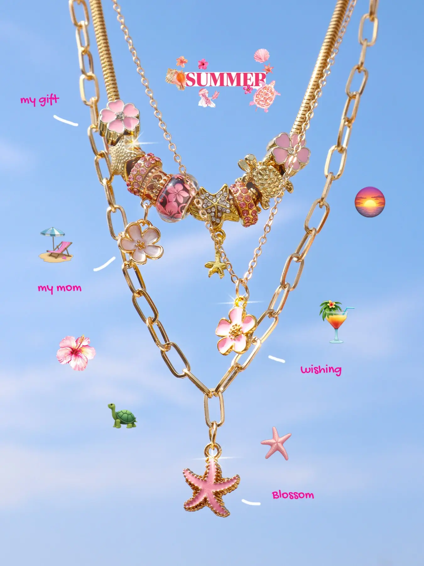 Cherry Blossom Flower Fashion Necklace Set 3pcs, Beach Vacation Style, Cherry Blossom Starfish Necklace, Floral Necklaces, Bohemian Flower Necklace, Gift Necklace