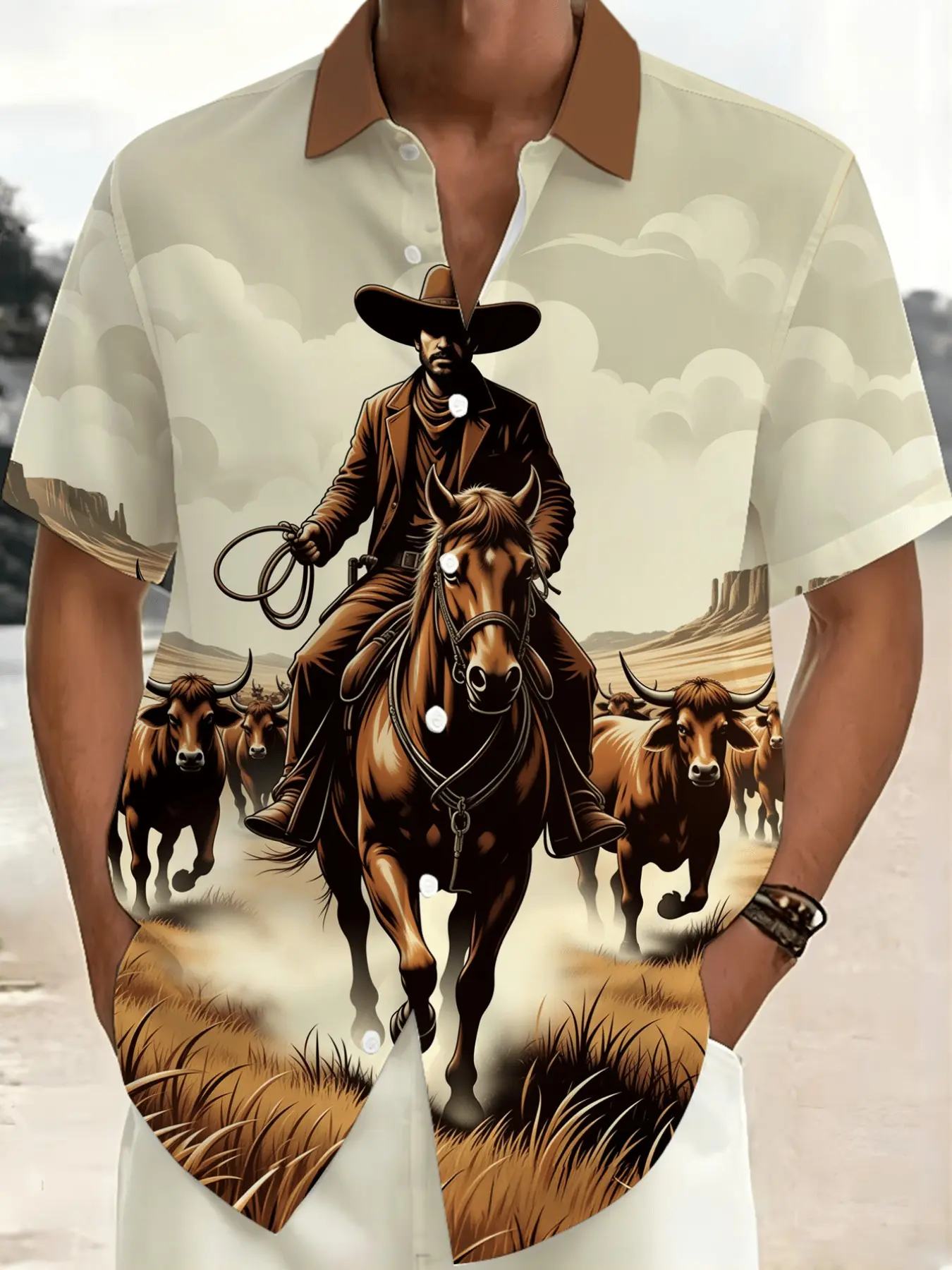 American Wild Cowboy Longhorn Desert Cloudscape Digital Print Short Sleeve Slim Fit Shirt, Men's Vintage Outdoor Casual Floral Blouse