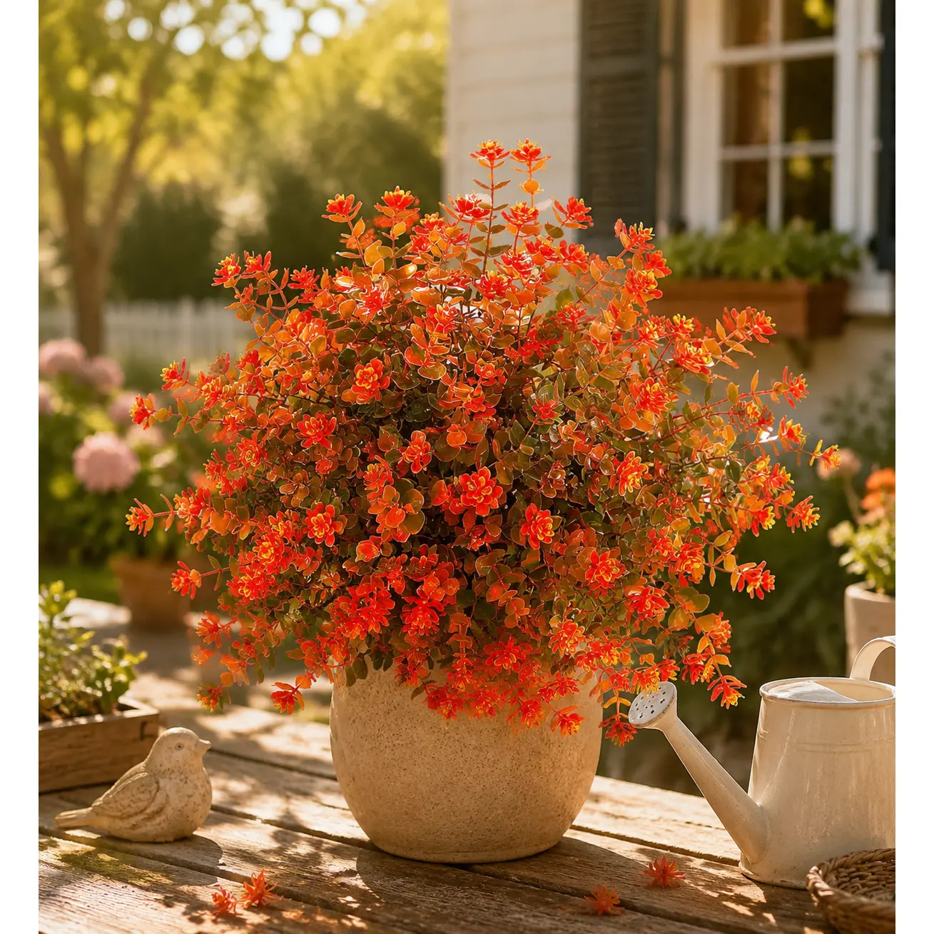 8-Pack UV-Resistant No-Fade Faux Plastic Decor Flowers & Greenery, Natural-Look Artificial Plants for Farmhouse Window, Home Decor (Orange Red)