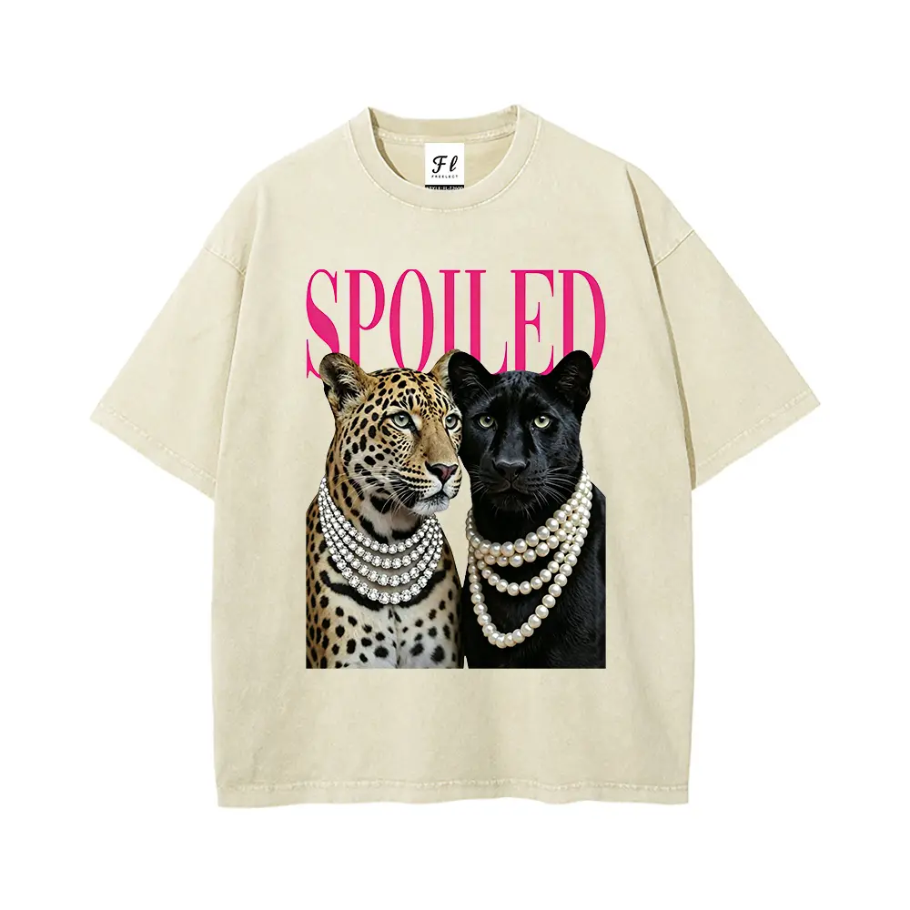 Men's Unisex Vintage Washed Oversized Crew Neck Basic T-Shirt - Bold Hot Pink SPOILED Font, Leopard & Black Panther Animal Graphic With Stacked Pearl Necklaces, Chic Summer Daily Top Gift, Korean, Pearls,back to school,back to school shopping, Classic, El