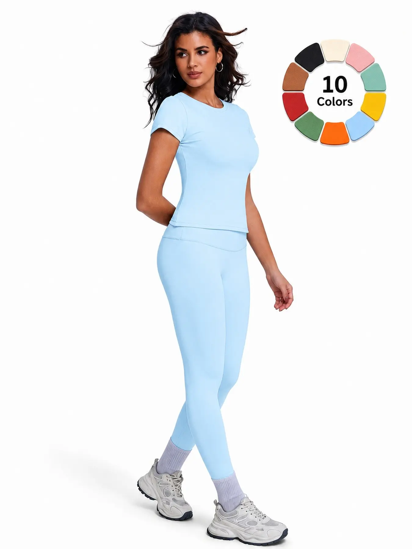 Plain Color Yoga Set, Summer Fitness Outfit, Fitness Activewear, Gym Workout Clothes, Quick-Dry and Breathable High Waisted Athletic Pants, Sportswear for All Seasons, Short Sleeve Top and Long Pants, High Stretch Sporty