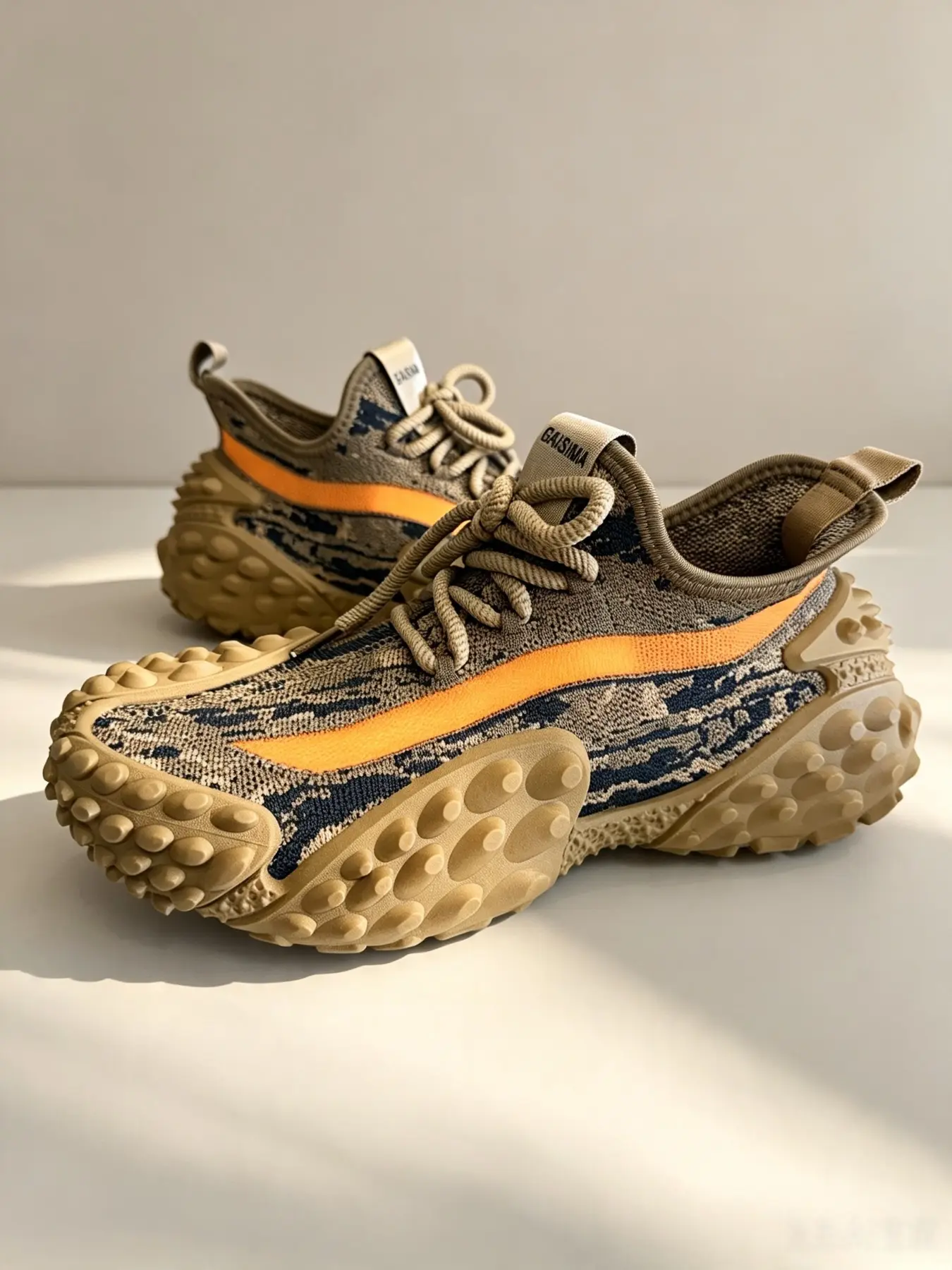 Men's Camo Mesh Sock Sneakers, Hollow Breathable Stretch Sock Collar, Tire Pattern Durian Grain Thick Outsole, Anti-Slip Casual Hiking Footwear Outdoor Hiking Dad Shoes