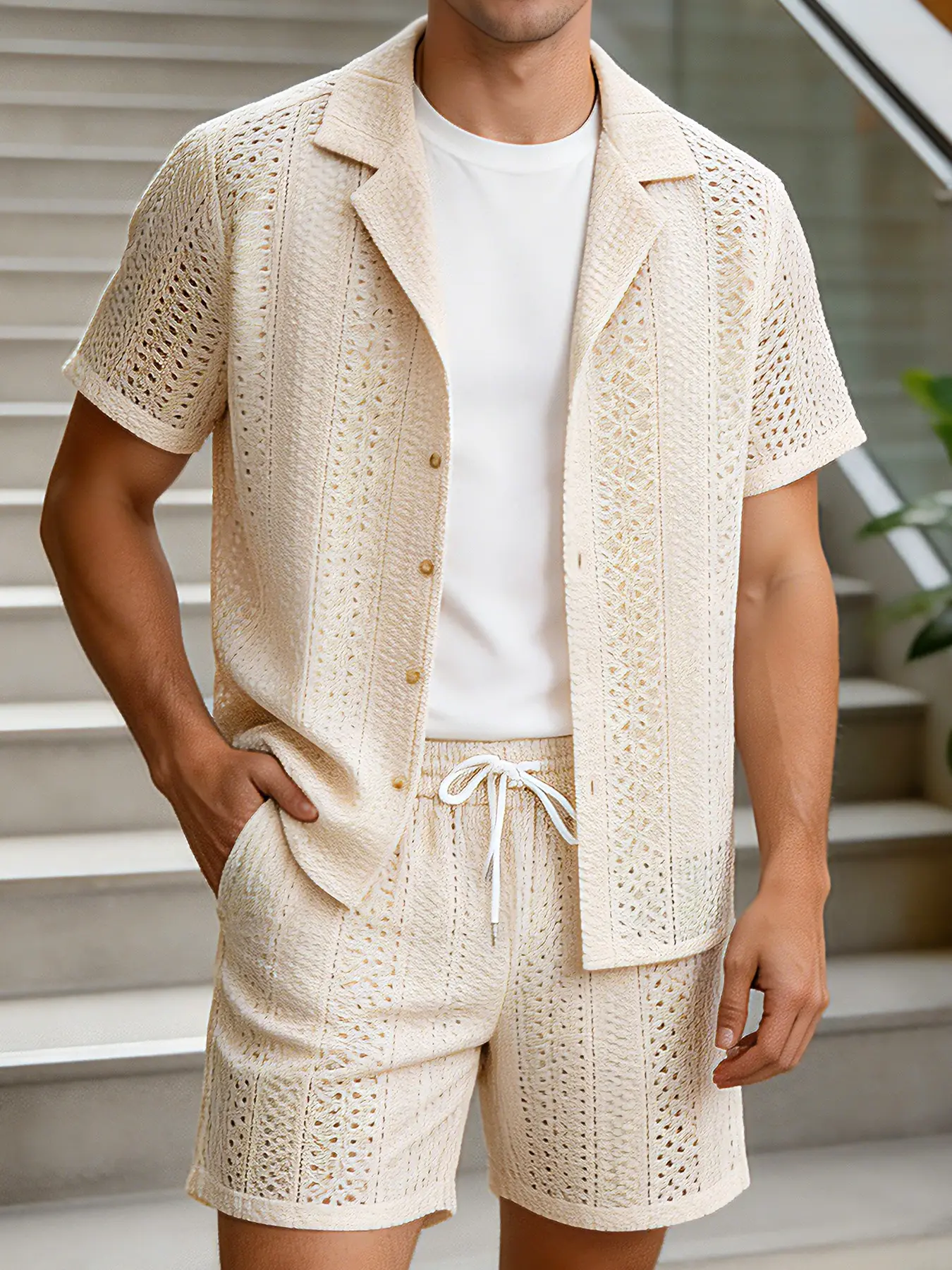 Summer Men 2 Piece Matching Tracksuit, Hollow Out Eyelet Jacquard Cuban Collar Short Sleeve Shirt + Elastic Waist Drawstring Casual Shorts, Breathable Mesh Knit Outfit For City Beach Holiday Daily Street Style Home Wear