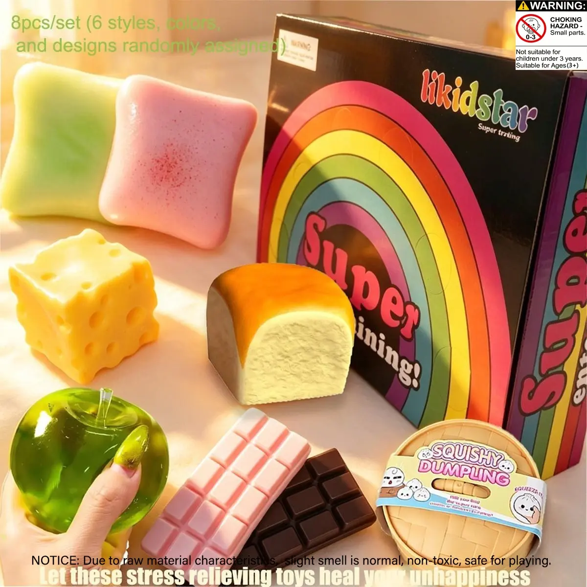 8pcs/set - Toast, Cheese, Chocolate and other stress relieving toys, blind box stress relieving toys, sensory sets, creative slow rebound toys, Slow Rising Squishy, Squishy Stress Relief, party gifts, various styles