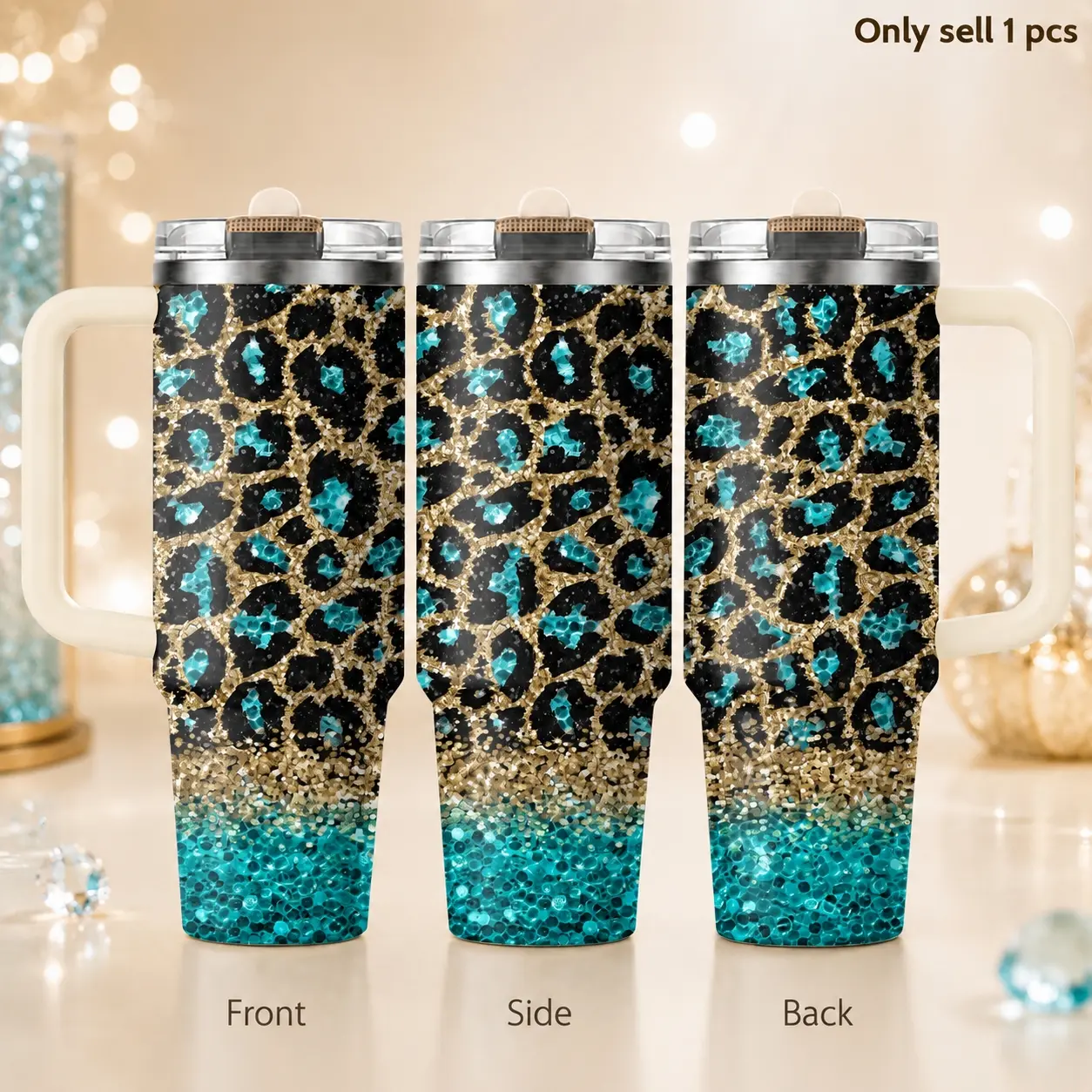 Pink Glitter Leopard 40oz Tumbler – Sparkly Animal Print Stainless Steel Insulated Drinkware Travel Cup with Handle & Straw Lid, Portable for Coffee, Water, Office, Gym, Car, Trendy Gift for Her