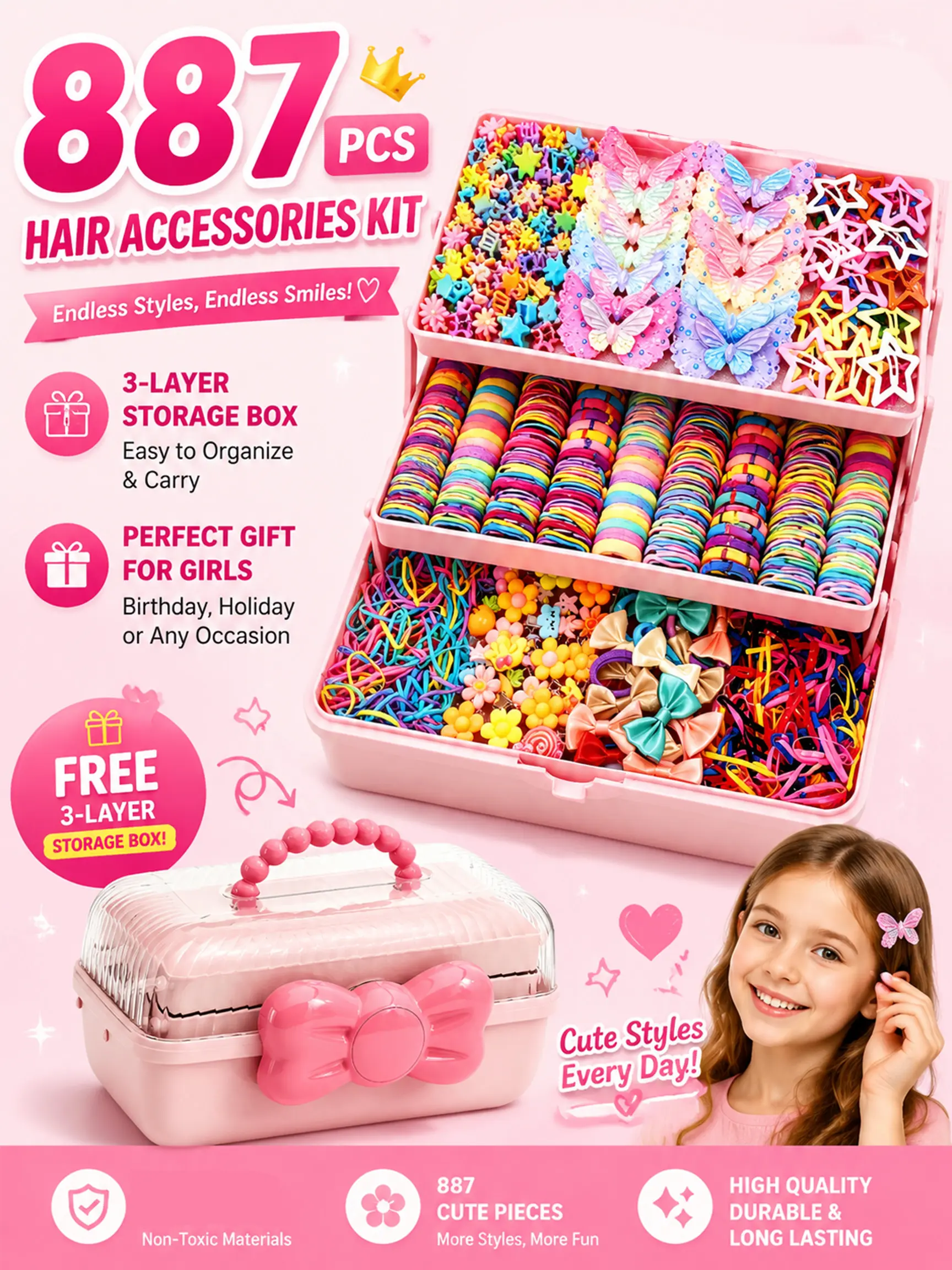 887pcs/set rainbow hair accessory set, Birthday, paired with a three-layer bowknot handheld storage box, includes butterfly, flower hair clips, multicolor towel hair ties, disposable elastics, hair accessory gift box for little girls, a perfect gift