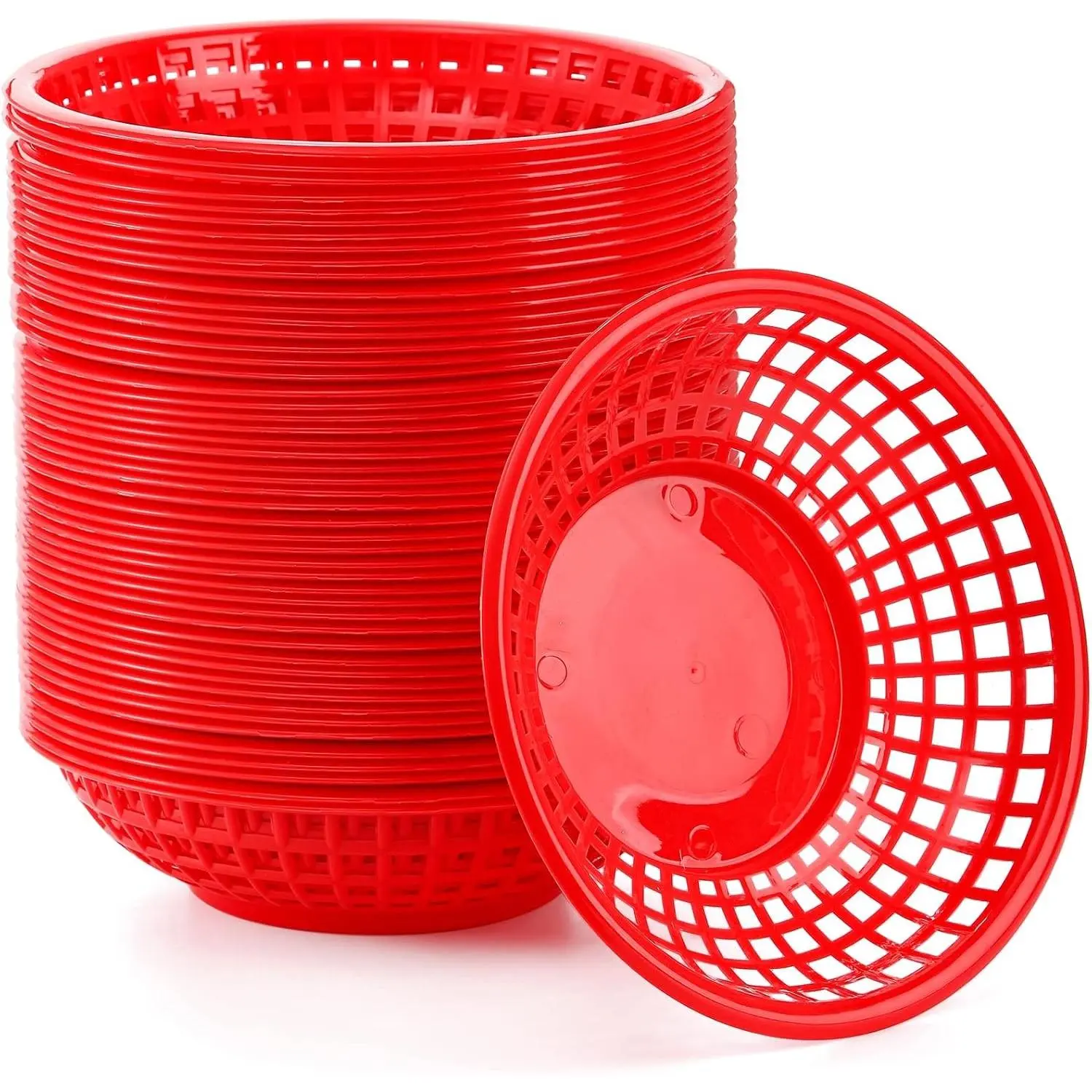50 Pack Fast Food Baskets, 8 Inches Round Plastic Bread Fry Baskets, Serving Tray for Fast Food Restaurant, Deli Serving, Barbecues, Picnics, Parties, Hot Dogs, Chicken, Burgers