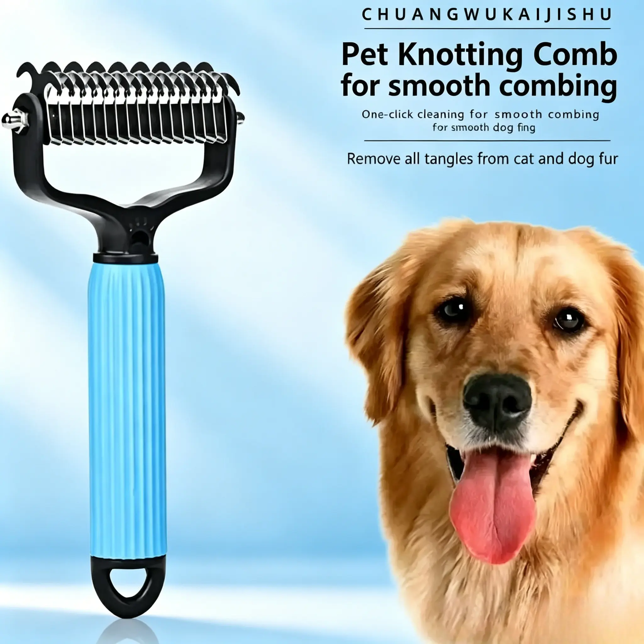 Double-Sided Pet Detangling Brush - 1-Click Clean Undercoat Rake for Dogs and Cats, Deshedding Tool