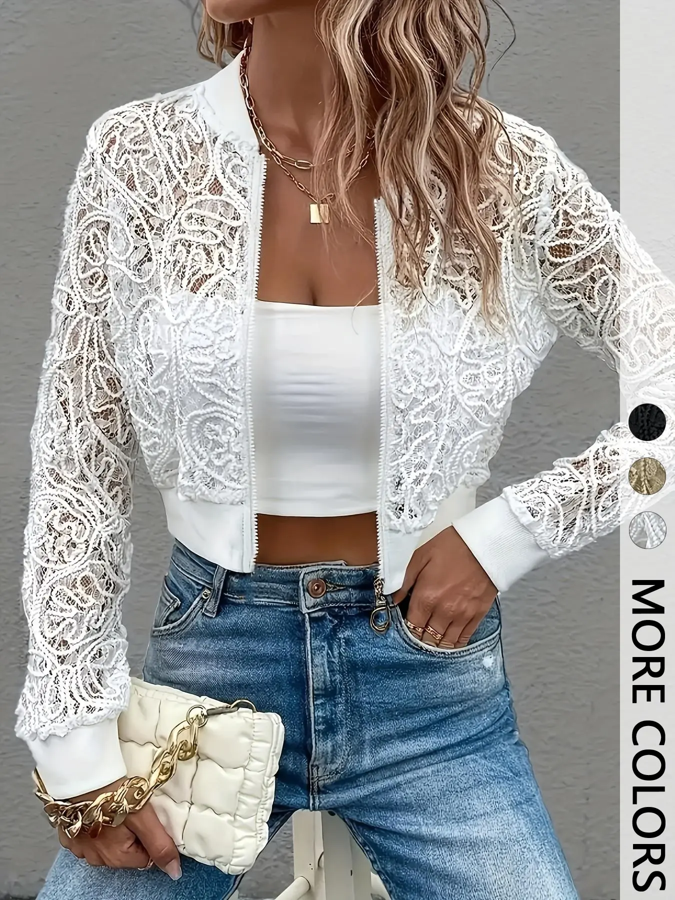 1 Spring Summer Sheer Knit Lace Cropped Bomber Jacket Women | Full Zip Stand Collar Crochet Lace | Coquette Romantic Elegant Everyday Casual Style for Date Night Vacation Party