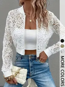 1 Spring Summer Sheer Lace Cropped Bomber Jacket Women | Full Zip Stand Collar Crochet Lace | Coquette Romantic Elegant Style for Date Night Vacation Party