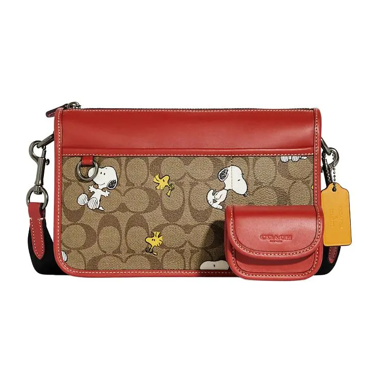 COACH x Peanuts Snoopy Heritage 25 Monogram Canvas and Calfskin Crossbody Bag for Women, Brown and Red