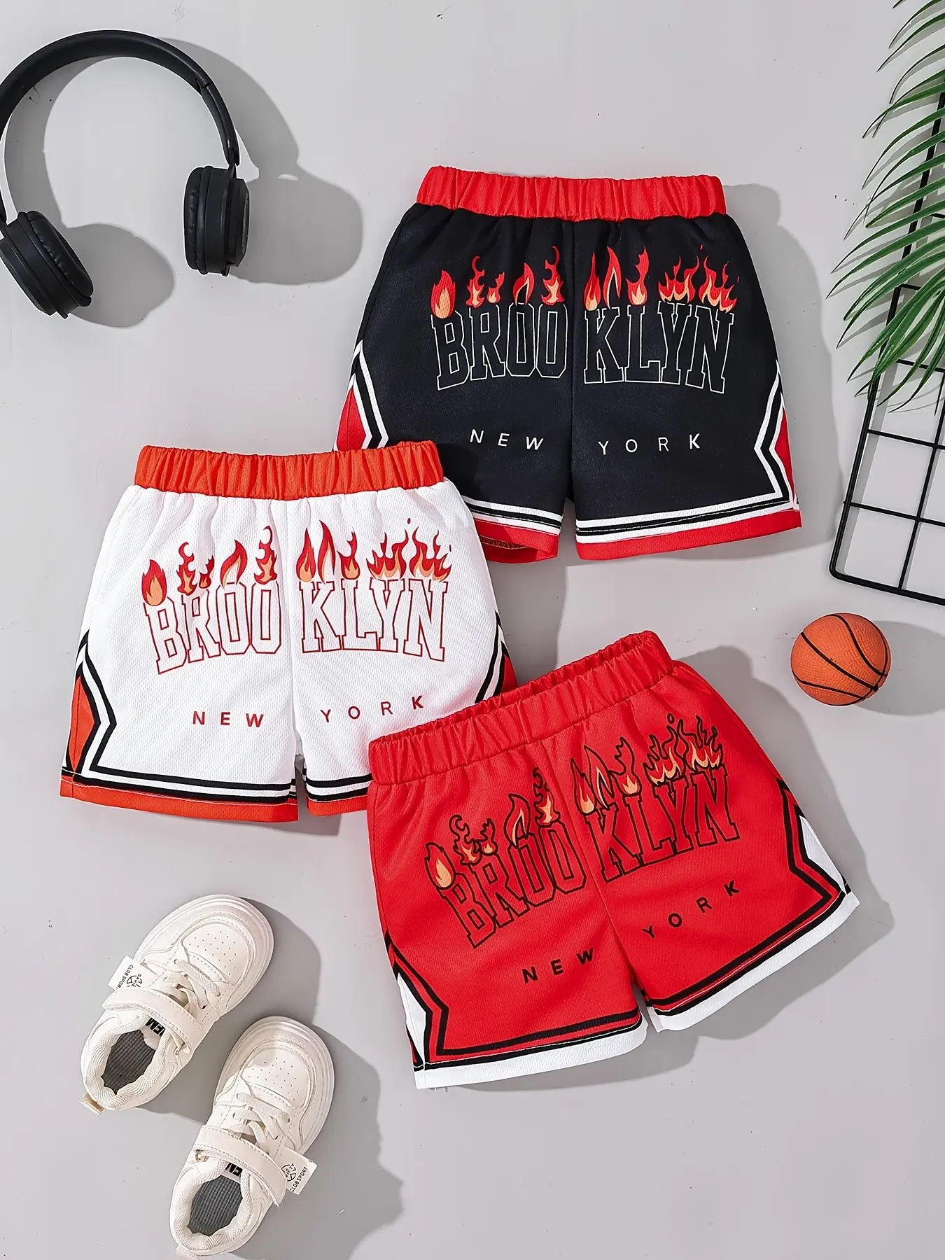 3-Pack Boys' Basketball Shorts, Summer Quick-Dry Sports Pants, Trendy Flame Letter Print, Loose Fit, Elastic Waist