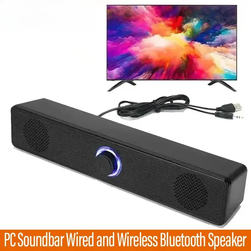 Portable Plastic PC Soundbar with Subwoofer - Wired/Wireless Bluetooth Speaker, USB-Powered for Computer, TV, Laptop Gaming, Smartphone Home Theater Surround Audio System, Stereo