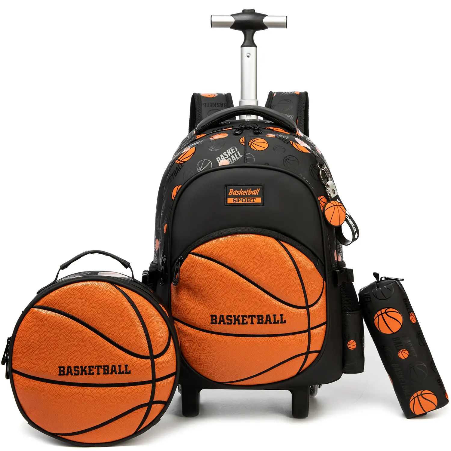3-Piece Boys Sports Basketball Rolling Backpack Set | Cool 3D Embossed Texture Schoolbag with Round Crossbody Lunch Bag & Pencil Case | Wheeled Trolley Bookbag for Teen Boys & Kids
