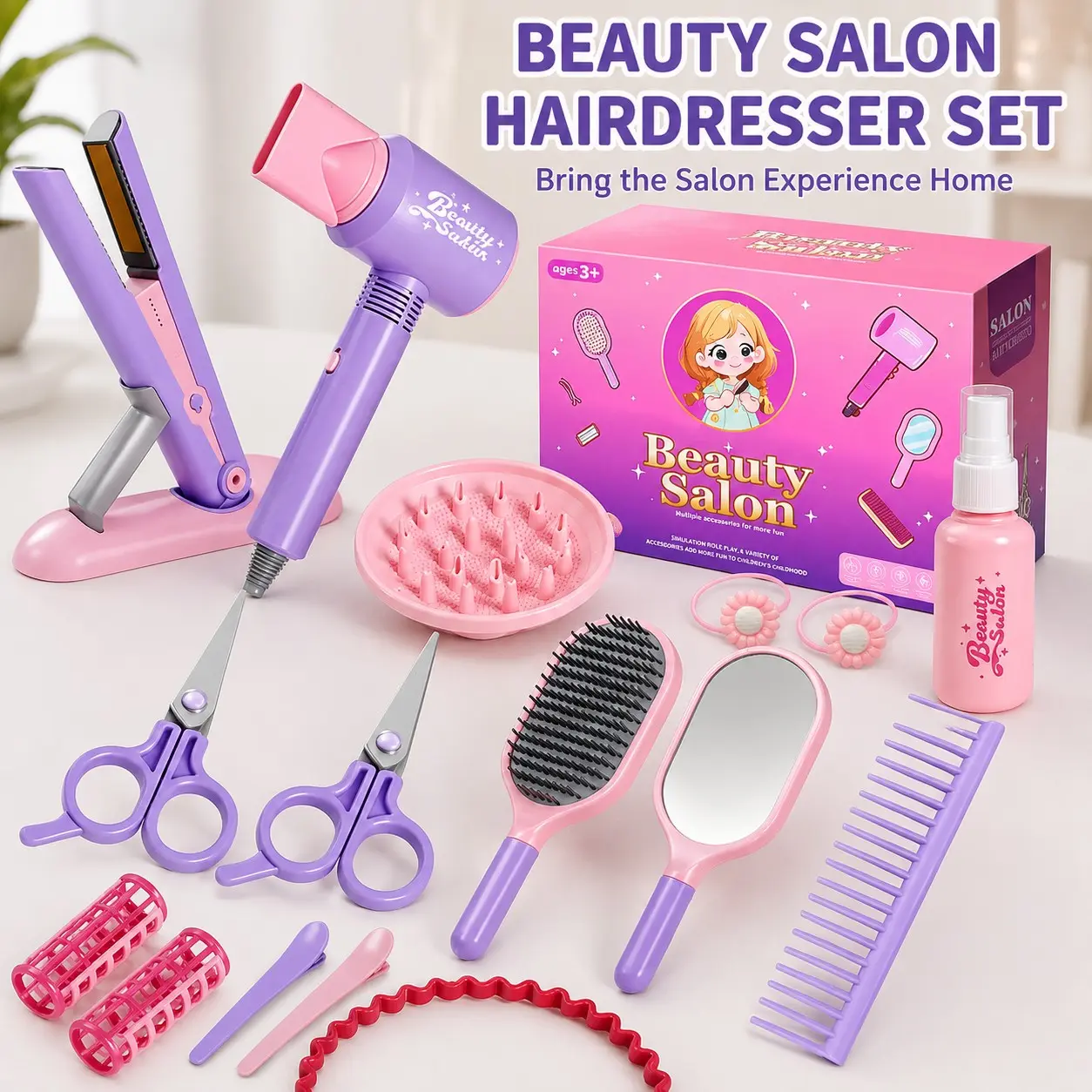 21-Piece Beauty Salon Role-Play Set, Girl Hair Styling Toy Kit, Sound & Wind Hair Dryer, Light-Up Curling Iron, Scissors, Apron, Hair Accessories
