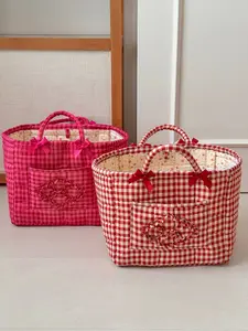 Large Grid Storage Basket with Handle, Embroidered Design, Washable Thick Fabric, Multi-Functional Organizer for Clothes, Bedding, Office Supplies, Cosmetics, Outdoor Travel, Picnic, Bedroom Storage Organizer