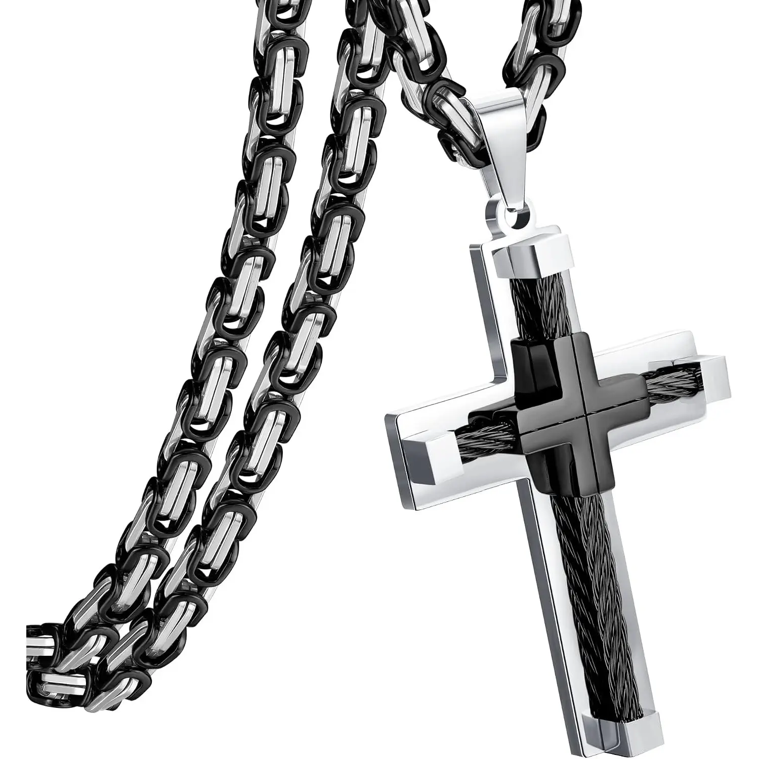 Men's 316L Stainless Steel Cross Pendant Necklace, Heavy Duty Byzantine Chain Cross Necklaces Silver Gold Black Faith Jewelry Birthday Gift