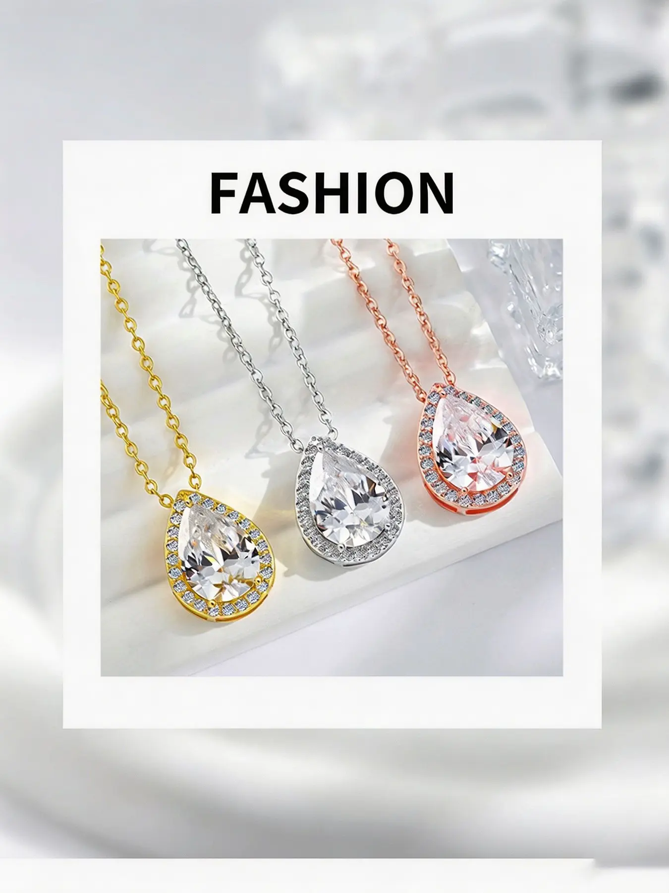 2pc Pear-Shaped Diamond Necklace, Water Drop Center Stone, Sparkling Surrounding Diamonds, Three Colors Available, Elegant Gift, All-Season Jewelry