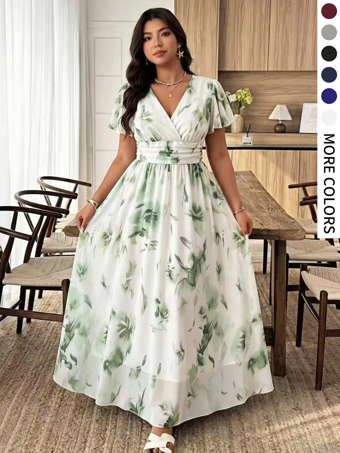Plus Size Elegant Feminine Floral A-Line Dress, Ruffle Short Sleeves, Lightweight Flowy Skirt, Perfect for Parties, Dates, Weddings, Summer Wedding Guest Dresses