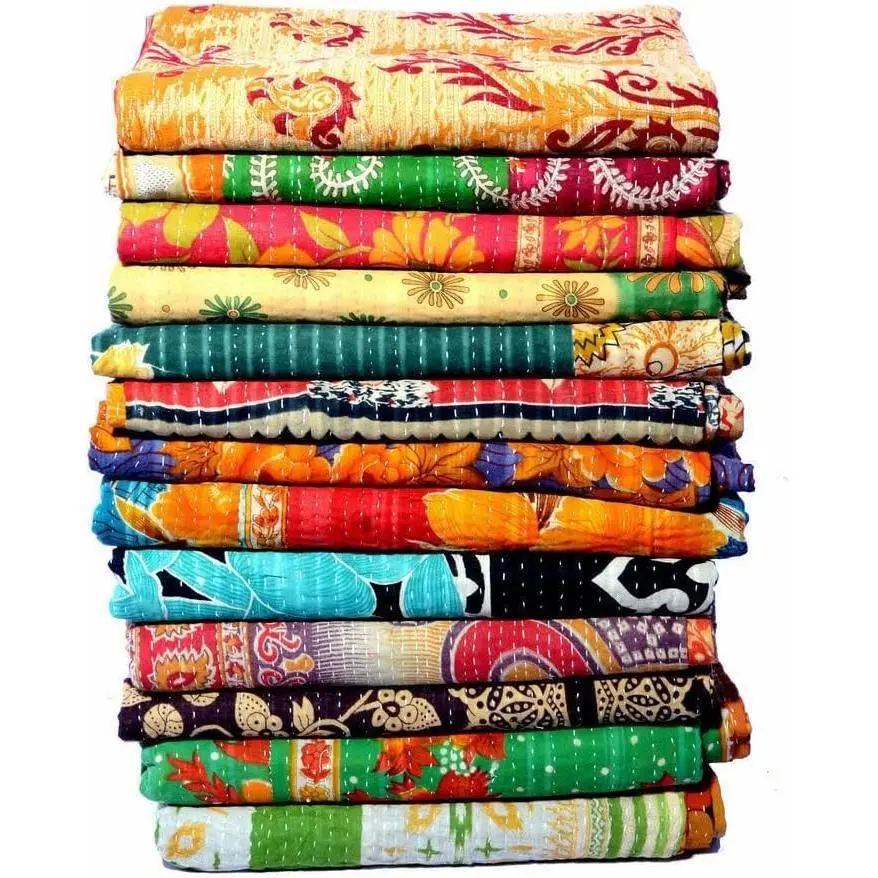 Indian Handmade Vintage Kantha Quilts Tribal Kantha Cotton Bed Cover Throw Assorted Patches Made Rally Reversible Bedspread Throw Cotton Sari Patches Blanket(1Pcs)
