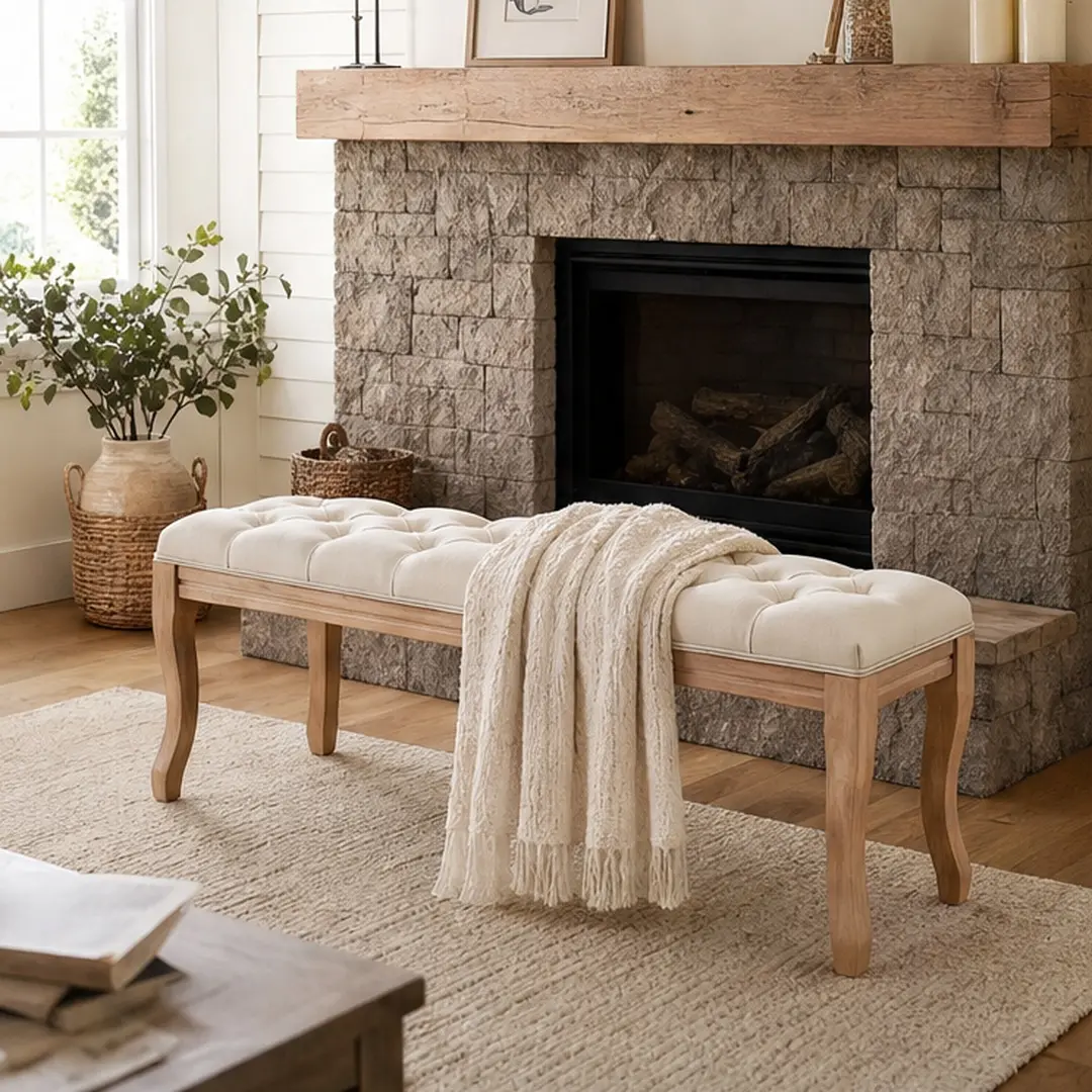 ARCH French Vintage Tufted Bench 43.3in Upholstered Entryway Bench with Distressed Wood Legs Linen Ottoman Seat for Bedroom Living Room Foyer Dining Room Farmhouse Style Beige/Cream/Grey Options, Beige/Cream/Grey Color Options, Fabric/Rubber Wood