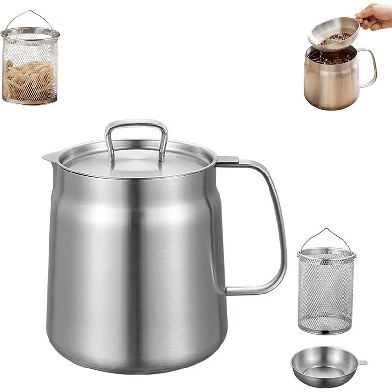 2-in-1 304 Stainless Steel Multifunctional Oil Strainer Pot, Large Capacity Versatile Oil Filter Vessel with Fry Basket, Bacon Grease Container with Strainer Stainless for Kitchen, Kitchenware Stainless Steel