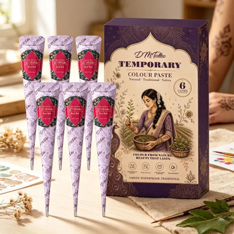 Multiple colors availableDM 6-Piece Herbal Henna Temporary Tattoo Paste Complete Gift Set, Mild Plant-based Formula with Smooth Paste for Easy Coloring, Waterproof & Sweat-proof, Fades Naturally with Skin Metabolism, Henna Designs