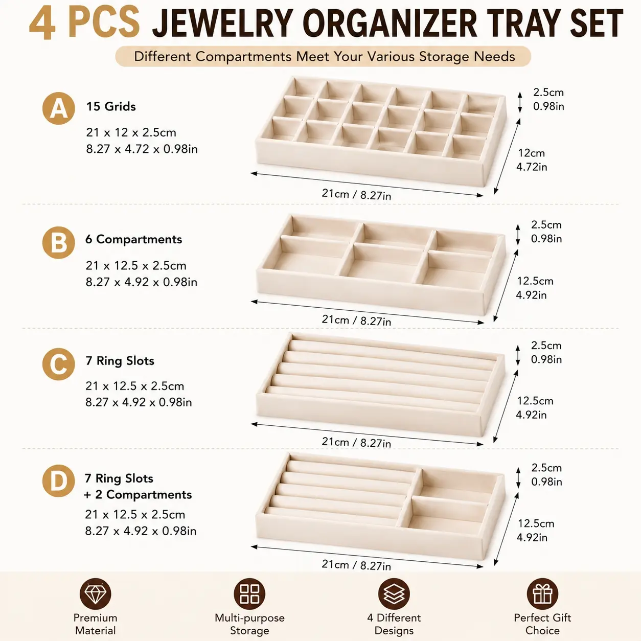 4PCS Velvet Jewelry Organizer Trays, Multi-Compartment Jewelry Display Storage Box for Rings, Earrings, Necklaces, Bracelets & Watches, Desktop Jewelry Holder Tray for Home Organization & Gift