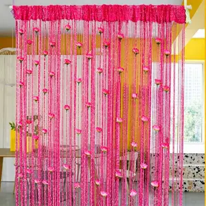 2 Pack Rose Thread Curtain with Silver Wire - Embroidered Flower, Tassel, Curtains Floral Door/Divider Curtain for Home, Wedding, Halloween, Christmas, Valentine's Day, Mother's Day, Birthday, Party Decor