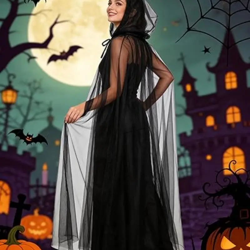 Double Layer Mesh Cape Cloak, Halloween Veil Hooded Women's Cosplay Witch Costume Prop, Festival Dress-Up Accessory