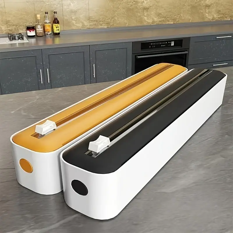 2-in-1 Plastic Wrap & Cling Film Dispenser with Slide Cutter, Heavy Duty Aluminum Foil & Parchment Paper Organizer for Kitchen Countertop, Non-Slip 2-Tier Space Saving Wrap Dispenser Box, Compact Kitchen Gadget